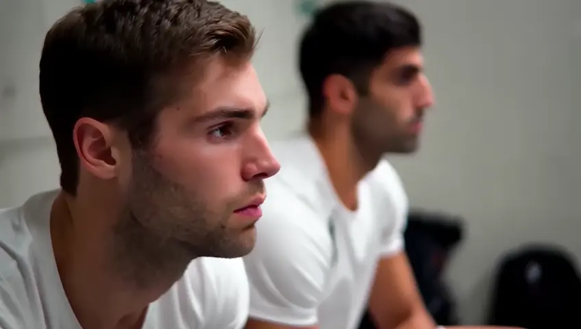 Rafael Nadal and Novak Djokovic sitting on a bench in a locker room shirtless and in white shorts with IVs on their arms