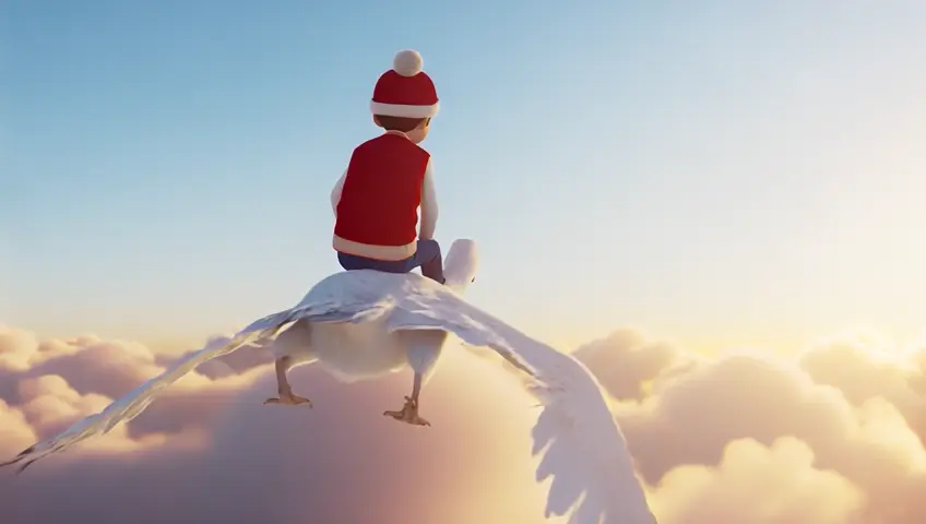 a young boy inspired by Nils Holgersson sitting on the back of a white goose flying in the sky, The young boy is dressed in blue pants, a white shirt, a red sleeveless vest, and a red hat with a white pompom, realistic movie style