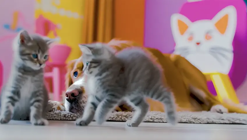 un très grand et beau chien joue avec des petis chatons trop mignons ,piolus avc des yeux bleus dans une chambre avec une décoration de rève pour chat pleine de belles couleures