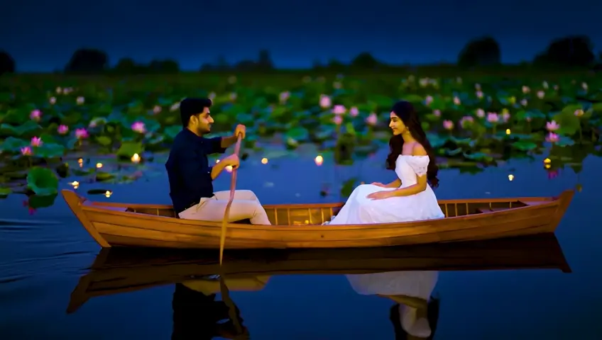 8K wide shot of a dreamy, romantic boat ride on a calm river at night. A traditional wooden boat glides gently through the still waters, surrounded by blooming lotus flowers. A handsome young Pakistani man, dressed in a stylish navy blue button-up shirt and tailored beige chinos, sits at one end, guiding the boat with a paddle. Opposite him, a beautiful young woman in an elegant off-shoulder white dress adorned with delicate lace looks at him with sparkling eyes. The boat is illuminated by floating candles that cast a warm, flickering glow, enhancing the intimate atmosphere. The night sky is filled with twinkling stars, reflecting in the water, while the air is fragrant with lotus blossoms. Laughter and soft whispers fill the air as they share a moment of connection and romance, creating a magical memory on this candlelit river.