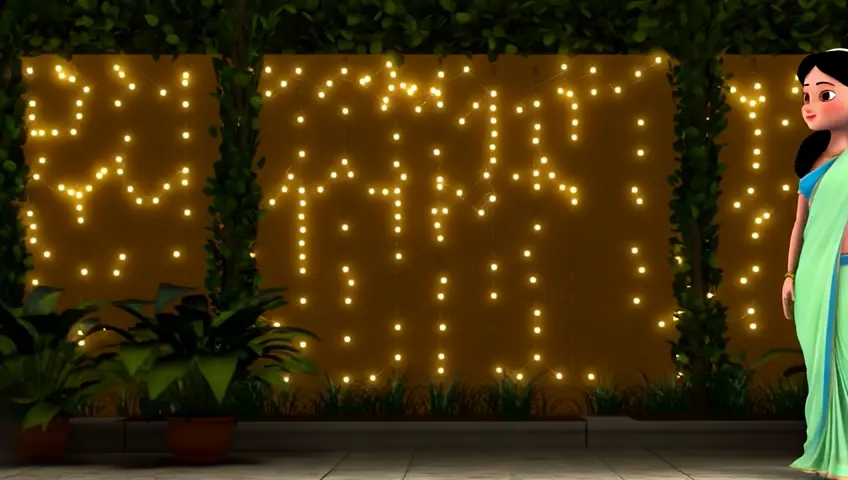 a beautiful cute  girl wearing  light green saree standing infront of beautiful wall decorated with lights  in garden 3D animation cartoon