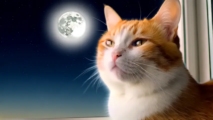 A cute orange and white cat crying and looking at the moon