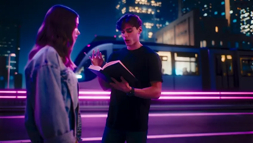 A group of young people gather in the middle of an urban city at night, illuminated by vibrant neon lights. In the center, a young man is holding a Holy Bible, lecturing passionately to the other young people around him. In the background, there is a modern tram and futuristic lights that give the scene a cyberpunk feel. The atmosphere is immersive, with digital elements and an ultra-realistic aesthetic, highlighting the moment in which the young man shares the word of God in the midst of the illuminated night city.