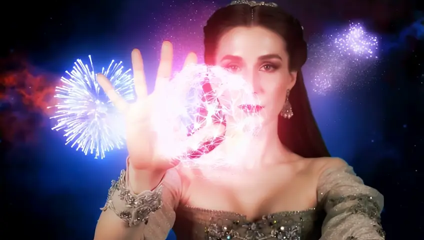 Mujeres bellas españolas vestidas con trajes opulentos creando con magia un portal mágico, nebulosa y fuegos artificiales background.