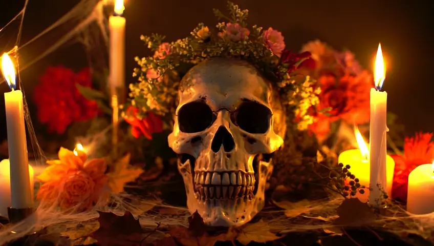 Old skull with a floral crown surrounded by lit candles and flowers in eerie cobwebs and autumn leaves. Spooky Halloween atmosphere. Samhain celebration 16:9