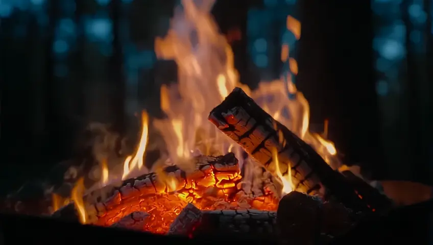 A close-up shot of a campfire crackling in the dark woods. The camera focuses on the flames and glowing embers, creating a cozy atmosphere