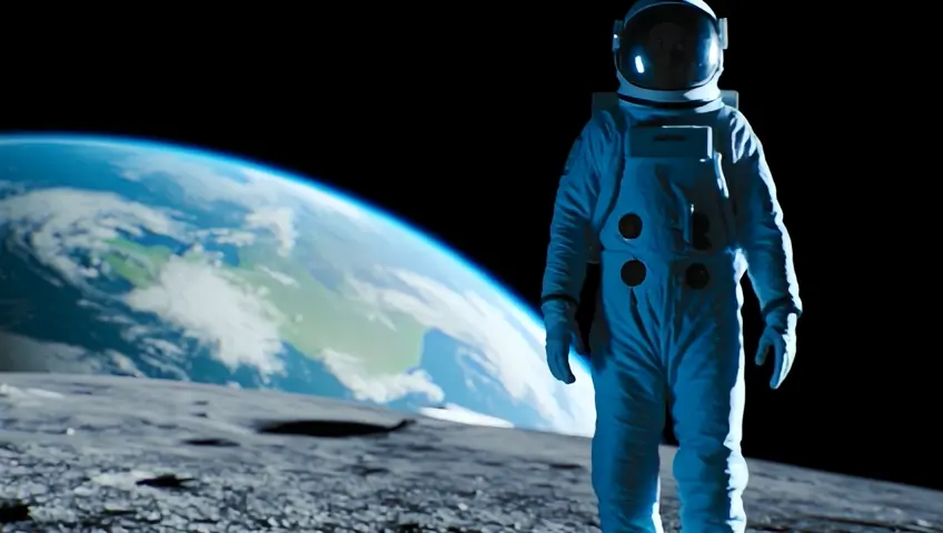 a  astronaut dancing on the moon in light blue suit