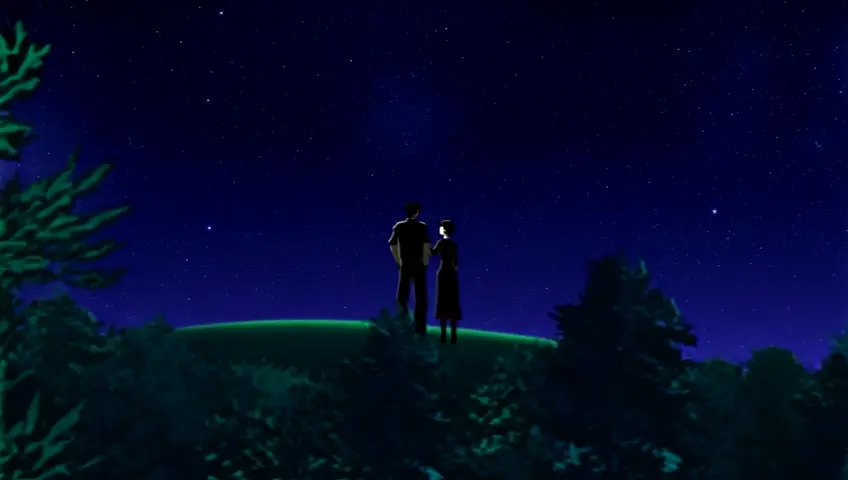 An anime scene of a couple gazing at the stars, embracing freedom and peace. The northern night scene conveys an atmosphere of peace and dreams.