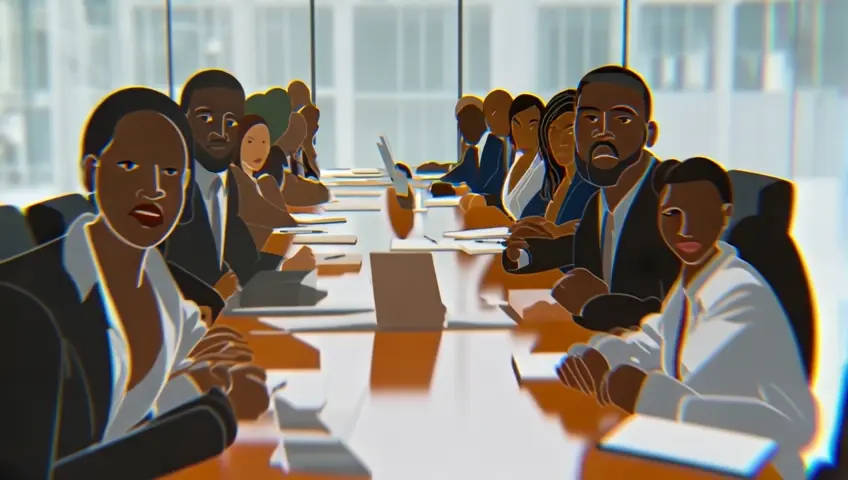 meeting of young black business men and women, with notebooks and papers in front of them, with women on one side of the table and men on the other, ultra hd, realistic, vivid colors, highly detailed, UHD drawing, pen and ink, perfect composition, beautiful detailed intricate insanely detailed octane