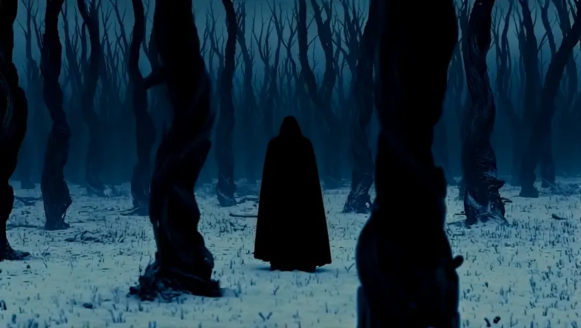 a sinister, dark evil, malevolent, entity moving creepily in a dark, forest, snowy, overcast