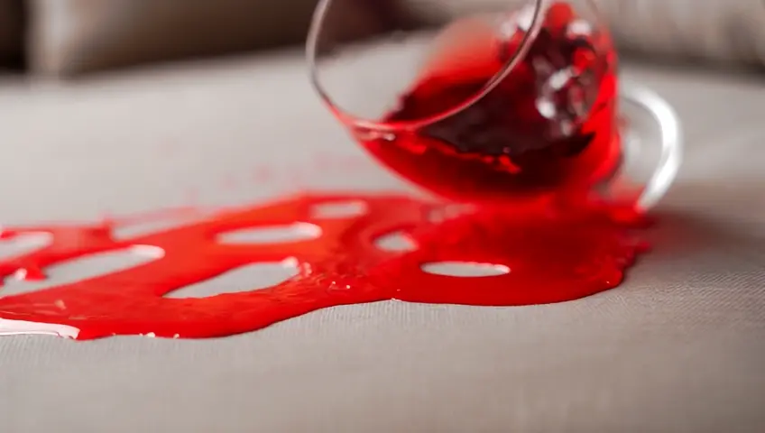 The video captures a moment of motion as a glass of red wine tips over on a plush couch, gracefully spilling the wine in a slow, fluid motion that forms the word "OOPS" on the fabric. The background is softly blurred, emphasizing the vivid red of the wine against the lighter couch, highlighting the accidental yet artistic spill. The focus remains on the glass as it settles, capturing the dynamic interaction between the wine and the couch surface.