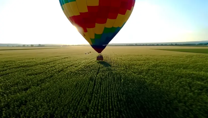 A video captures a colorful hot air balloon gently descending into a vast cornfield on a sunny day. The basket touches the ground lightly, causing a slight rustle in the green stalks. Shadows cast by the low sun elongate across the field, enhancing the balloon’s vivid colors. In the background, a few onlookers are visible at the field's edge, eagerly watching the landing. The focus is dynamic, tracking the balloon as it settles.
