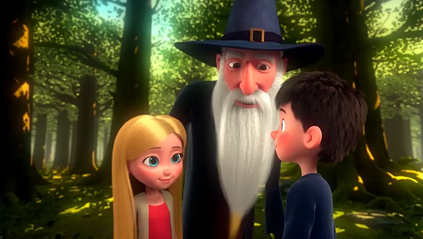 highly detailed. A old wizard, with a long white beard and hat, stands in the forest, he smiles softly down at the blonde little girl and dark haired little boy in front of him. He places his hand on the little boys shoulder and thanks him. 3d pixar style.