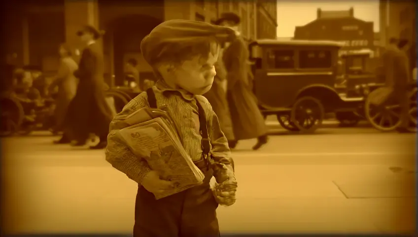 Year 1910, an 8-year-old boy sells newspapers on the street