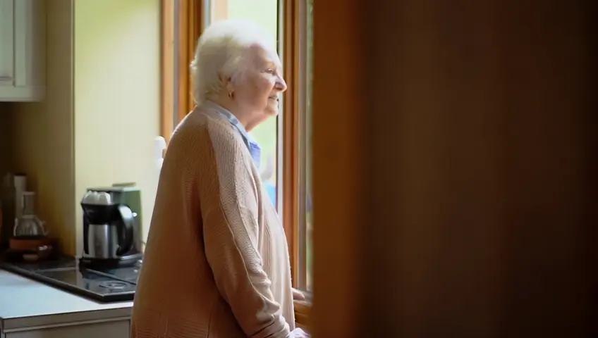 the nonna looking out of the window,  says to her grandchild: Look at all those children...they’re going to the park to play. Say hallo to the children....HELLO