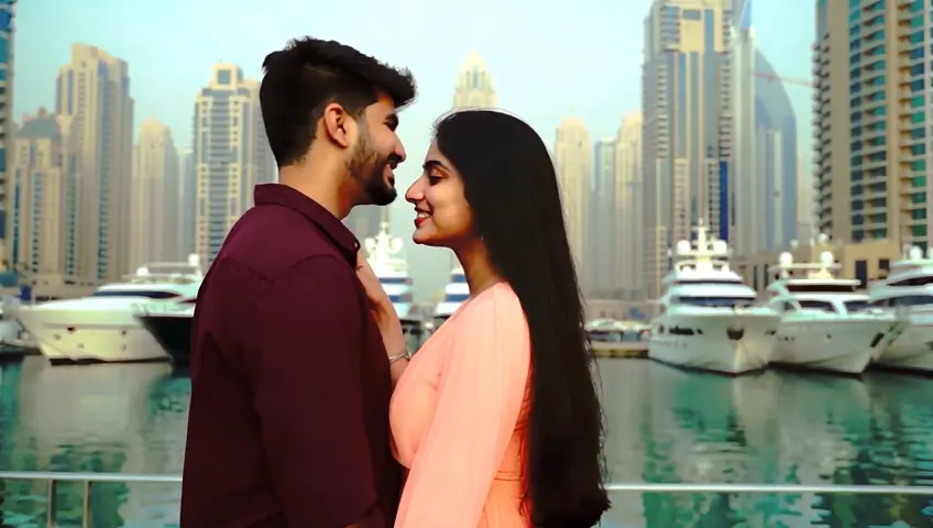 By the beautiful Dubai Marina waterfront, a young handsome Pakistani man in a maroon shirt and grey trousers dances with a young cute Pakistani woman in a tight peach-colored dress that hugs her figure. They move in sync to a romantic rhythm, with the woman’s hands resting on his shoulders as he lifts her playfully, sharing laughter. With Dubai’s stunning yachts and skyline as their backdrop, they create a scene of pure romance, lost in each other’s gaze.