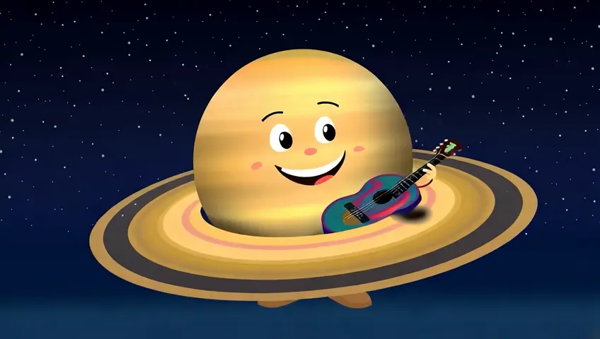 3d cute cartoon planet Saturn playing gitar in space