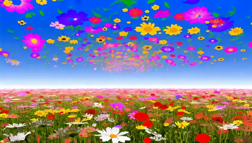 vibrant colorful flowers swirl in a dreamy patteren, suspended above a field of colorful wildflowers, under a blue sky