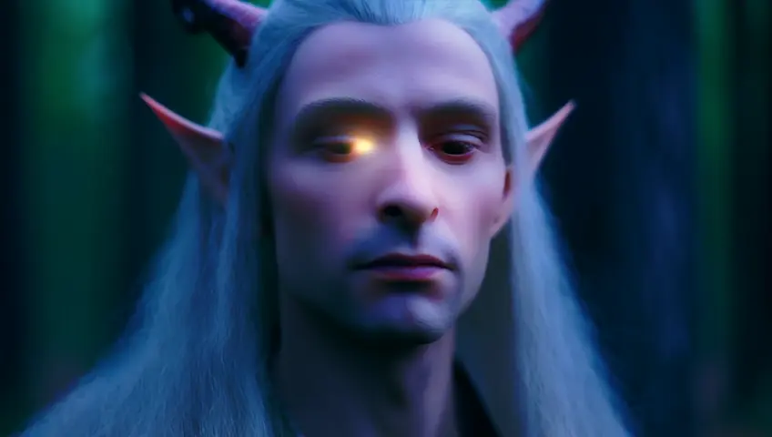 a close up of an elf with horns on his head