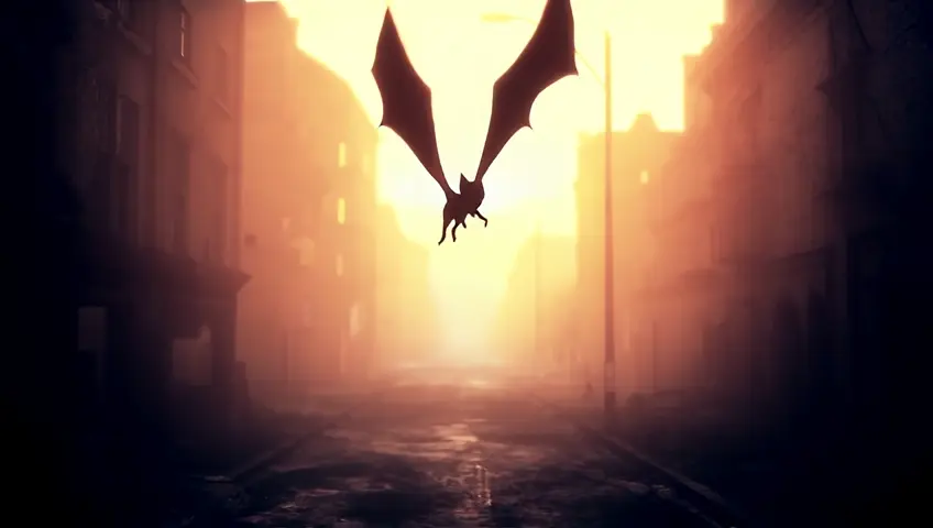 The camera follows a bat as it flies confidently above a hord of walking skeletons in a post apocalyptic city street . The sunset behind casts a warm, glowing light, highlighting the bat's features and creating a sense of escaping death in an apolcaliptic city .