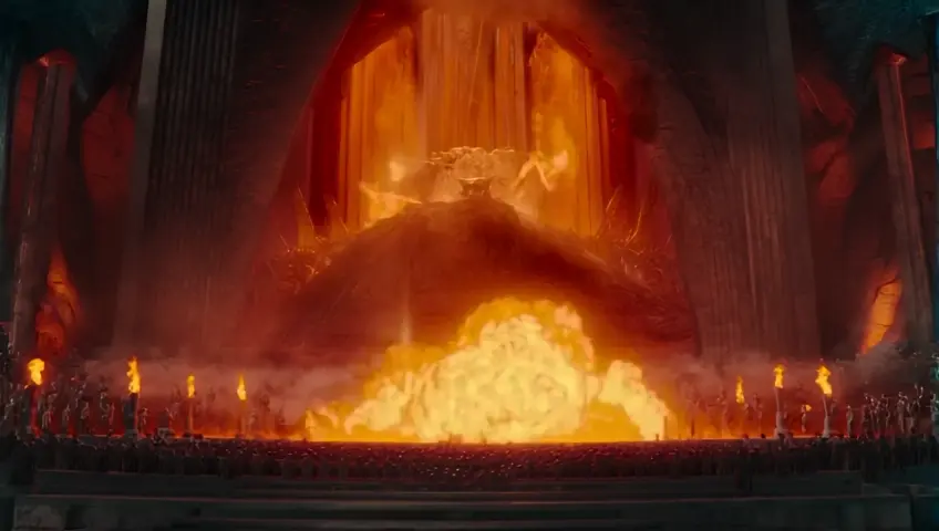 In the heart of Asgard, a colossal and menacing fire blazes ferociously, its flames dancing wildly and reaching ominously high into the sky. The fire crackles and roars, each flickering tongue of flame moving as if alive, casting erratic shadows that leap and sway against the grand architecture surrounding it. The intense heat radiates outward, warping the air and drawing the wary attention of onlookers, who stand in a mix of awe and fear. Sparks erupt like fireworks, illuminating the faces of the citizens, whose expressions reflect a mixture of fascination and dread as the horrific blaze fills the night with an unsettling glow