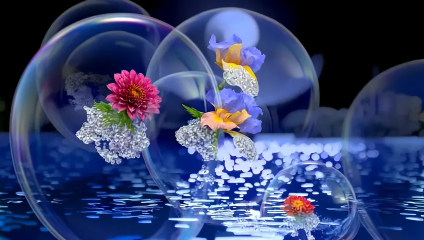 “Create beautiful 3d brilliant exquisite dazzling sparkling diamond crystal like mezmerizing elegant marigold flowers, dahlia fiowers, and iris flowers, nside of magnificent soap bubbles floating over a moonlit glistening unbelievably mezmerizing brilliant water pond”