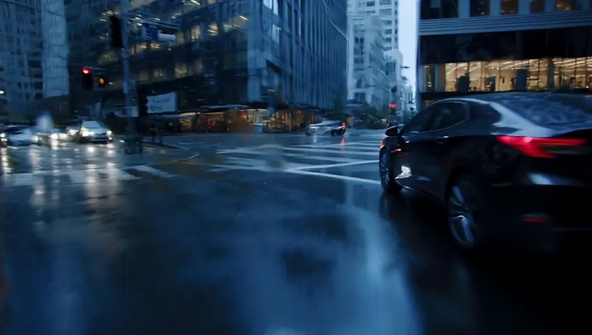 The view from the autonomous vehicle shows a rainy urban intersection with wet streets and visible crosswalk lines. A silver car on the left side is about to cross the intersection while a black car is partially visible on the right.The autonomous vehicle makes a slight right turn at an intersection.