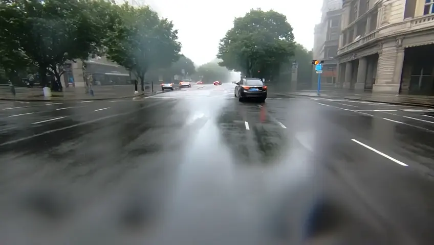 The image shows a residential street lined with parked cars on both sides. An autonomous vehicle is driving along the street, approaching a group of parked cars in the distance.The autonomous vehicle comes to a complete stop on a residential street.