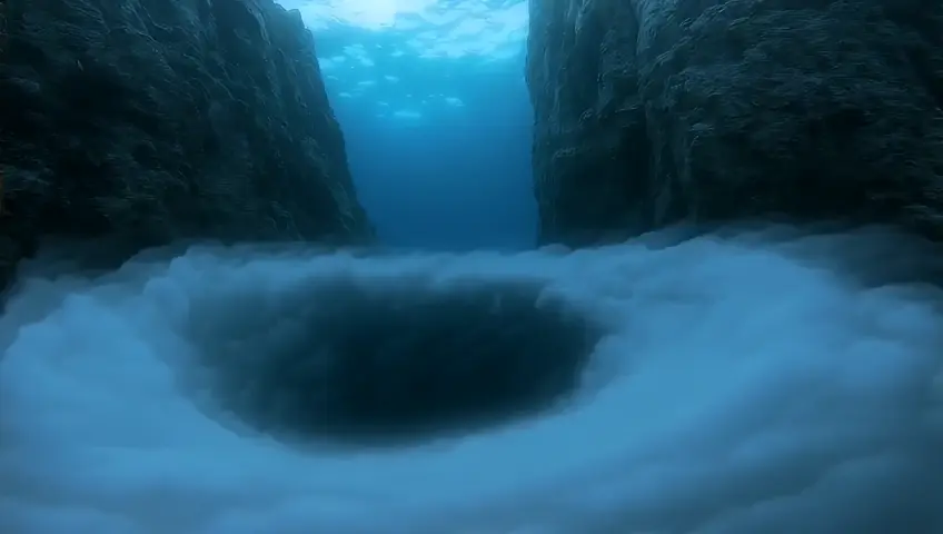 a massive whirlpool swirling between two cliffs in the ocean. The tiger shark could feel the powerful current tugging at it.