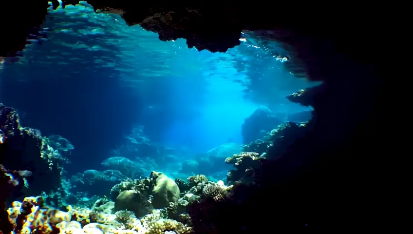 An underwater shot of sunlight filtering through water, illuminating a coral cave. The camera moves through the space, revealing hidden beauty, 9:16 RATIO