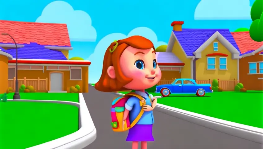 a cute girl going to school, 3d pixar animation style