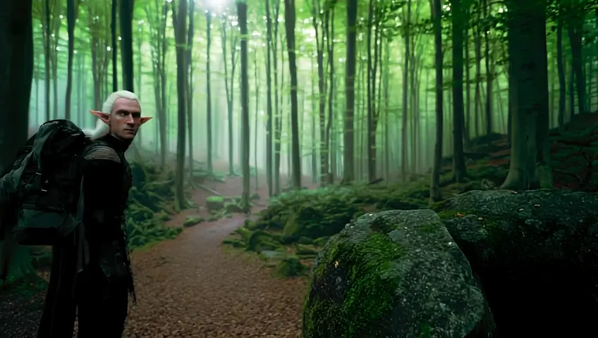 A white-haired male elf walks in the forest with a large backpack