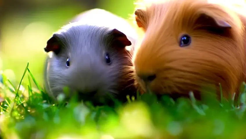 A grey guinea pig with a ginger fluffy guinea pig sitting outside on a lawn