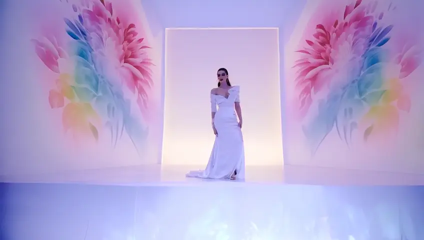woman+white in white on white ice room+floor inside, posing, gradient botanical flowers art, expression, extravagance, vogue professional photo, random angle, flying view