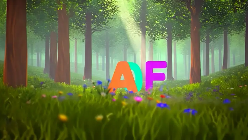 3D Pixar-style animation: Letters A-F displayed in a scenic forest. Atmosphere: beautiful, pleasant, and inviting.