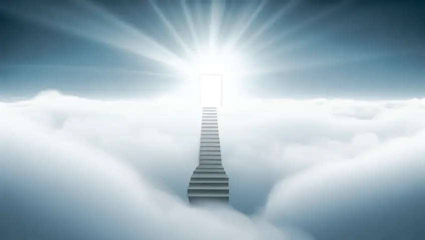 Staircase floating in clouds, leading to a distant, shining door, evoking dreams and the journey of self-actualization, minimalist, copy space