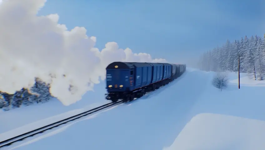 A dynamic shot of a train speeding through a snowy landscape, steam billowing into the crisp air. The camera follows alongside, highlighting the contrast of movement and stillness.