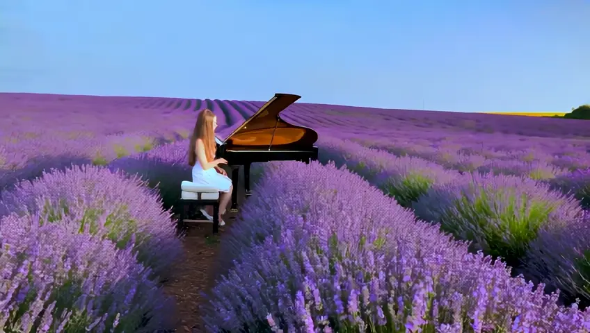 In the lavender field, a young, beautiful, fair-skinned, long-haired girl is playing the piano, and the girl is smiling