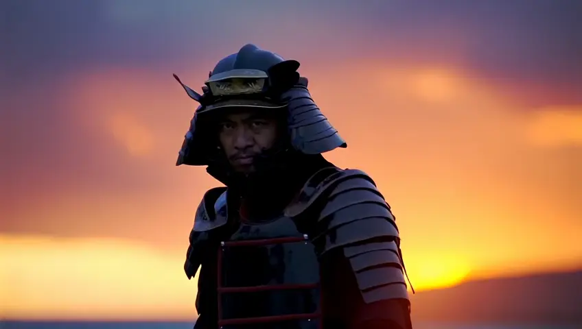 content featuring a samurai in a fight:

“A fierce samurai, clad in traditional armor, engages in an intense duel at sunset. The sky is awash with a dramatic blend of oranges and purples, highlighting the warriors’ swift and calculated movements.”