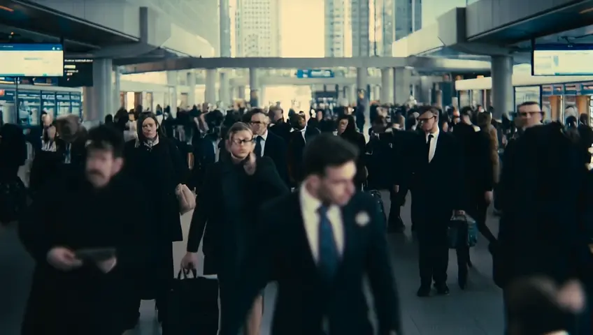 A detailed, photorealistic depiction of a crowded bus station in the morning, filled with commuters in formal business attire, all displaying serious and focused expressions; the people are standing close to one another yet show no interaction, creating an isolated atmosphere among the crowd. The environment is bustling with commuters waiting for their buses, with a background featuring schedules, advertising boards, and concrete structures typical of an urban setting. --v 5 --ar 16:9 --style "ultra-realistic" --inspiration "Gregory Crewdson" --inspiration "Edward Hopper" --lighting "early morning natural light" --camera "street photography style, high resolution, wide-angle shot" --details "highly detailed textures, realistic lighting and shadows" --resolution "8K"