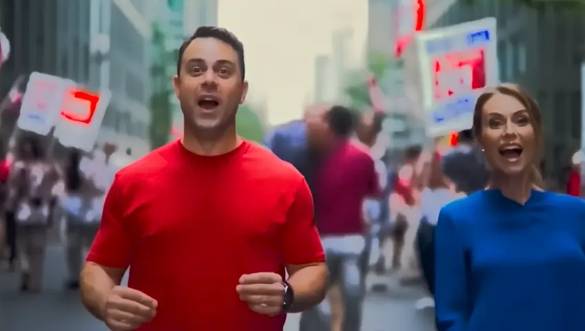 Realistic,real,realism. Crowd of people enjoying on the street, political campaign, red and blue shirts, number 64.