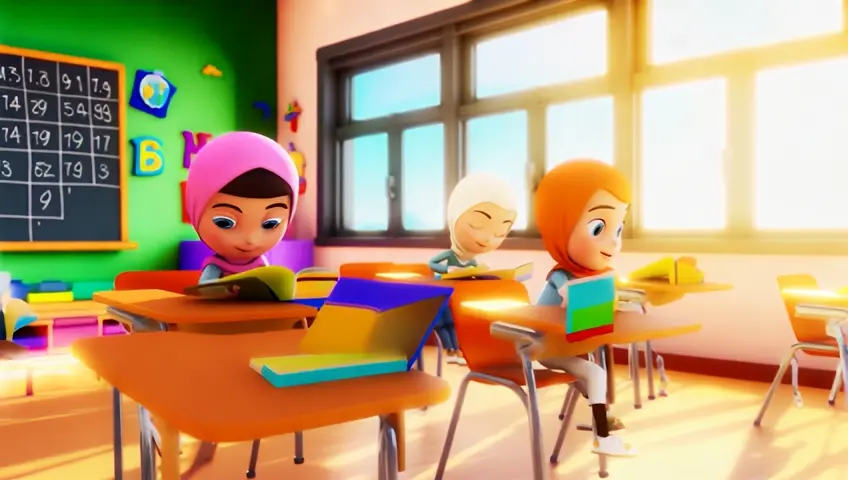 create cartoon style video, few Muslim kids reading in the class room