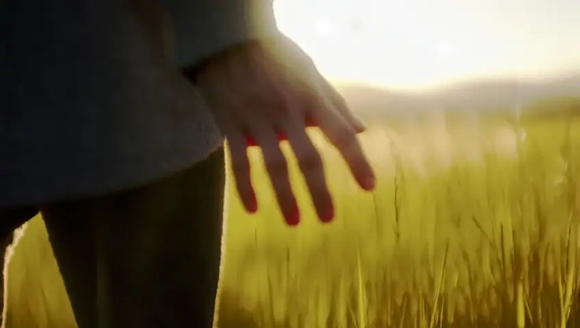 A slow-motion shot of a hand reaching out to touch tall grass in a meadow. The camera captures the gentle movement and serenity