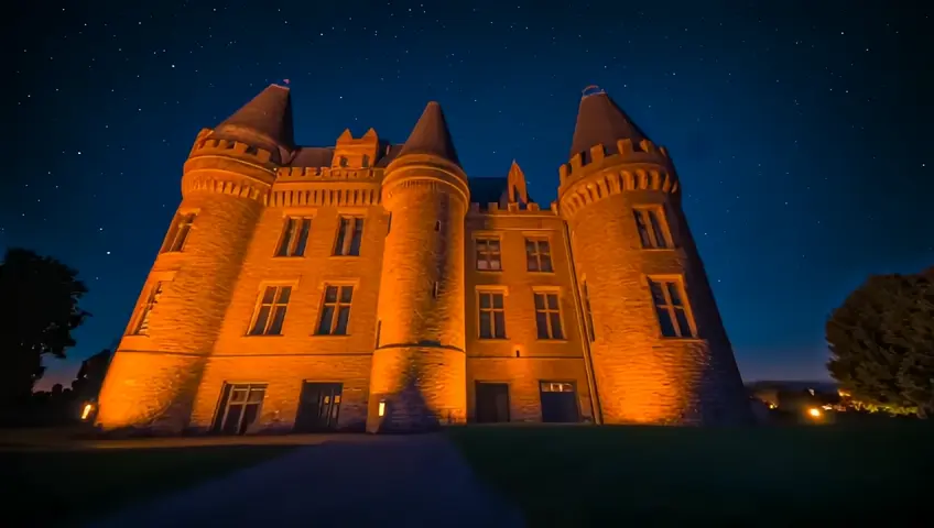 A wide-angle shot of a historical castle illuminated at night, with stars above. The camera pans to showcase the architecture and ambiance.