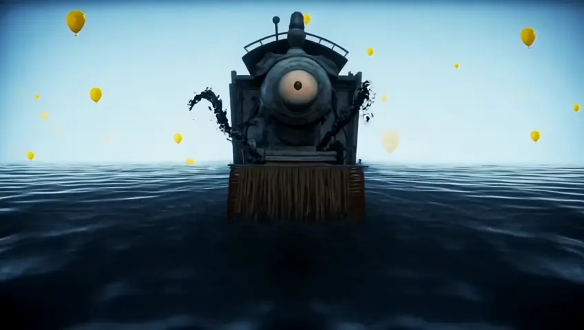 Create a terrifying version of (Thomas the Train) emerging from a dark, black liquid pool. Thomas has giant spider-like legs, razor-sharp teeth, and long, wild hair cascading from his head. Bright yellow balloons float around him, creating an eerie contrast. The sky above is clear, adding an unsettling calmness to the horror of the scene.