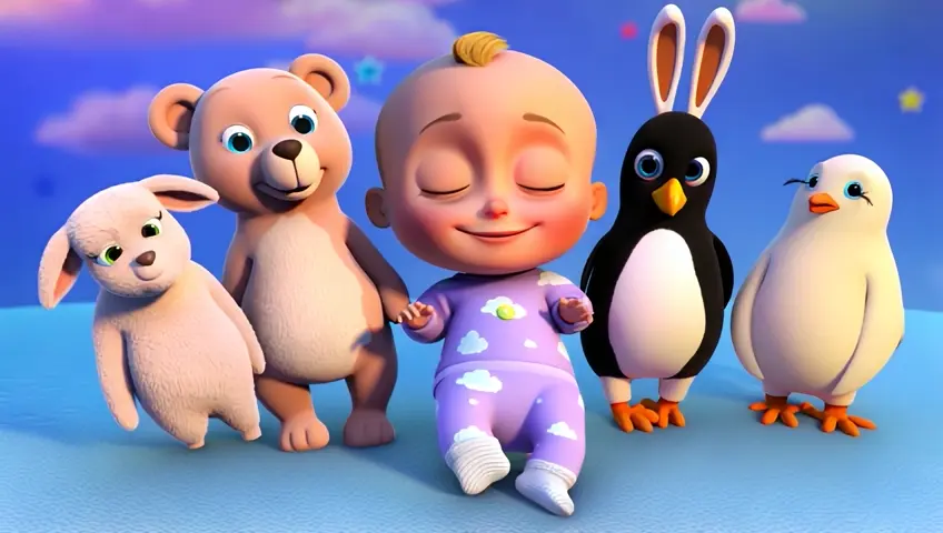 Scene 5: Baby Surrounded by Peaceful Animals as They Sleep
Character Names: Baby, Lamb, Bear, Penguin Chick, Bunny
Hairstyle: Same as Scene 1 for the baby
Face Description: Baby with a serene, sleepy smile; each animal has a gentle, friendly expression
Top and Bottom Attire: Baby in cozy pajamas with a light lavender hue and soft cloud patterns
Footwear: Soft, white socks, same as previous scenes
Nose: Small button noses for each animal and the baby
Background Description: All animals are nestled together with the baby in a dreamy, starry landscape, creating a sense of warmth and comfort
Action: Baby and animals are peacefully lying together in a cozy pile, with everyone in a deep, happy sleep
Style: Animated with soft, pastel colors and a dreamy filter to give a gentle and magical ending.3d pixar style