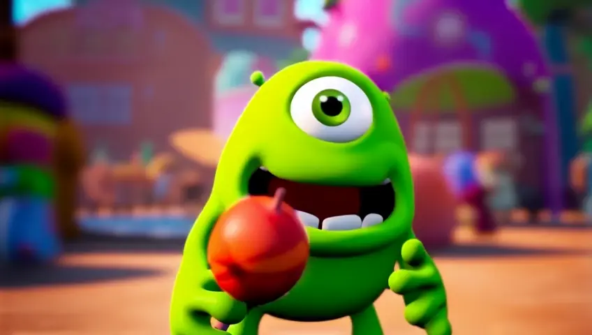 create 3d cartoon style Scene: After receiving a candy, a monster forgets to say"Thank you," causing the candy to turn into a bat and fly away