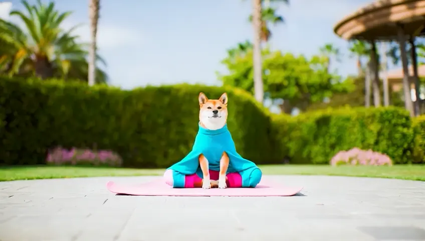 An elegant Shiba Inu sitting yoga in the garden. The style is beautiful, Shiba Inu is wearing yoga clothes, and he is doing yoga gracefully. Anthropomorphic style. light is clean and bright. high resolution.