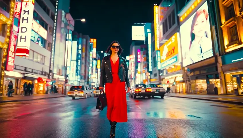 A stylish woman walks down a Tokyo
street filled with warm glowing neon and
animated city signage. She wears a black
leather jacket, a long red dress, and
black boots, and carries a black purse.
She wears sunglasses and red lipstick.
She walks confidently and casually. The
street is damp and reflective, creating a
mirror effect of the colorful lights. Many
pedestrians walk about.