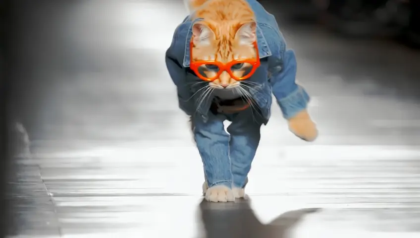 A fashionable orange cat walking down a runway, dressed in a stylish denim outfit. The cat wears a denim jacket with a brown belt at the waist, paired with matching denim jeans, slightly rolled up at the cuffs for a casual look. It sports large orange-framed sunglasses, giving a cool and confident vibe. The background is blurred, with spotlight lighting focusing on the cat, creating an urban, high-fashion atmosphere